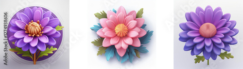 Wallpaper Mural Three stylized flower icons, two purple and one pink, with green leaves, on a plain white backdrop. Torontodigital.ca