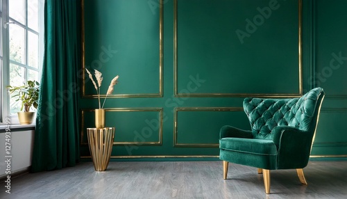 Empty Emerald Green Wall Mockup in Art Deco Interior with Armchair with Gold Metal Accents. Natural Daylight From a Window. Promotion Background.