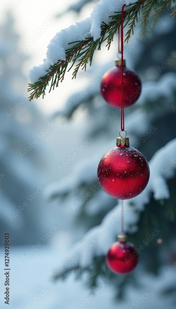 Red glass ornaments swaying gently in winter wind amidst branches, snowy, foggy Red glass ornaments swaying gently in winter wind amidst branches, snowy, foggy