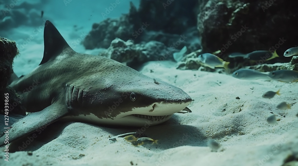 Fototapeta premium A serene underwater scene featuring a resting shark on the sandy ocean floor surrounded by small fish, showcasing the beauty of marine life in a tranquil habitat