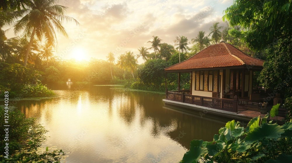 Fototapeta premium Tranquil Pavilion Overlooking Sunset Lake Amidst Lush Palms
