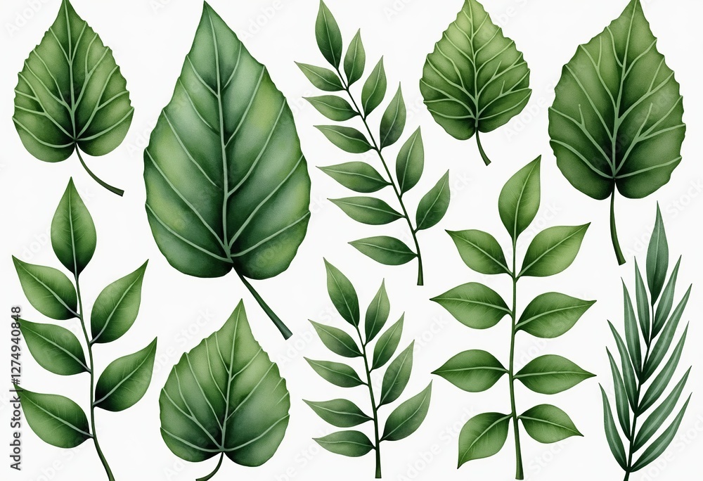 Fototapeta premium Greenery Watercolor Elements: Botanical Vector Set of Isolated Leaves for Design on White Background - Ideal for Spring & Summer Themed Projects.