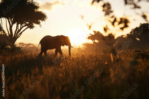 Elephant walking in savanna at sunset, tree silhouettes; nature, tourism photo