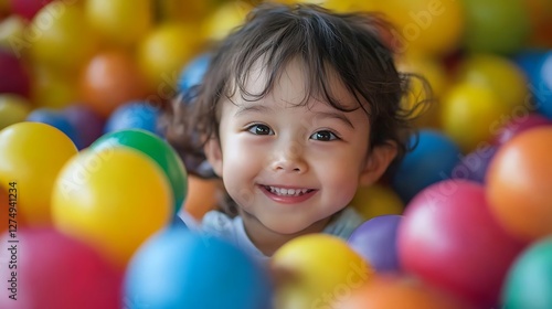 Happy Child Smiling in Ball Pit Surrounded by Colorful Plastic Balls