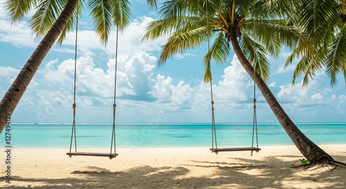 A tropical paradise with two wooden swings hanging from palm trees  overlooking a turquoise ocean and a sandy beach under a bright blue sky with fluffy clouds.
