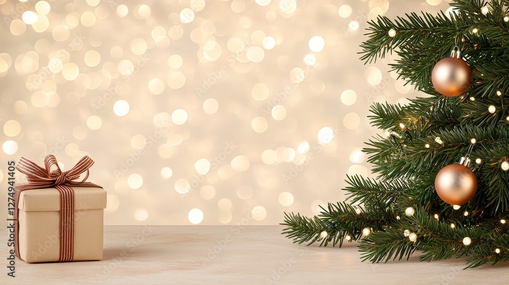 Soft Bokeh Background with Christmas Tree and Gift Box for Holiday Themes Soft Bokeh Background with Christmas Tree and Gift Box for Holiday Themes