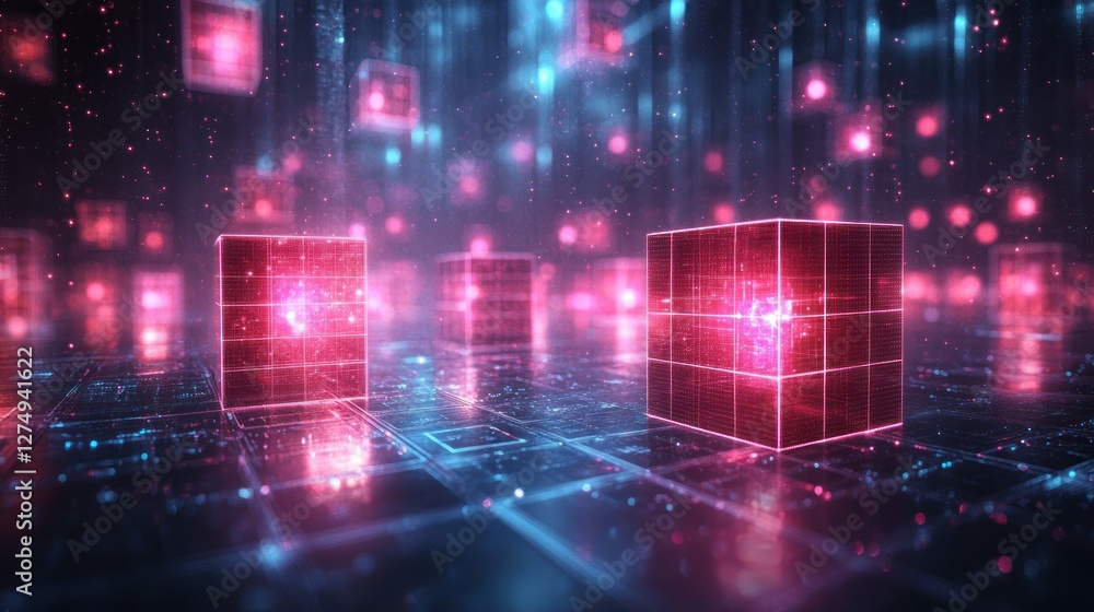 Fototapeta premium Glowing data cubes network cybersecurity digital background