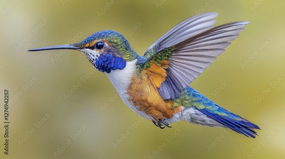 Fototapeta premium Vibrant Hummingbird in Flight Watercolor Bird Art