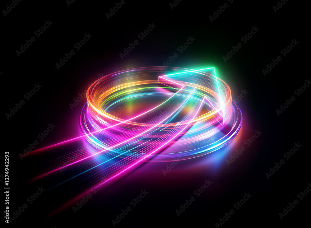 Double exposure art of vibrant neon light trails. Swirling motion forms an arrow against a dark background. Colorful and dynamic. Double exposure art of vibrant neon light trails. Swirling motion forms an arrow against a dark background. Colorful and dynamic.
