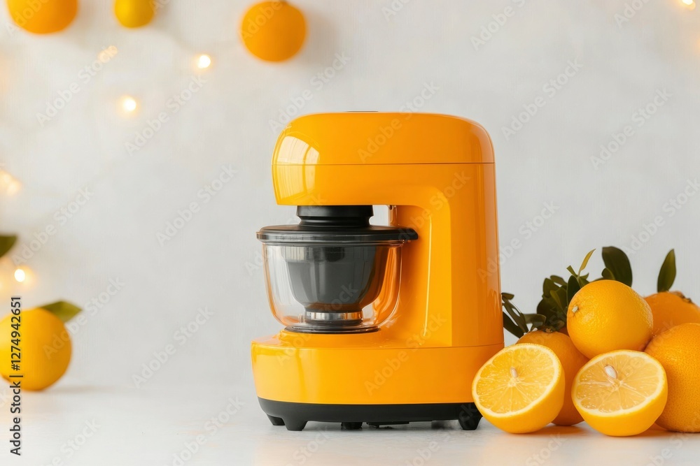 Fototapeta premium Bright yellow mixer with citrus, home kitchen setting, for food prep recipe uses