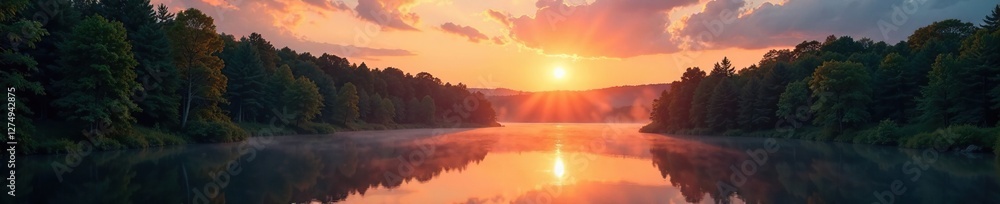 Serene forest landscape with a lake at sunset, trees, nature Serene forest landscape with a lake at sunset, trees, nature