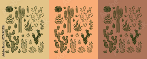 Set of hand drawn cacti. Collection of desert plant illustrations. Decorative posters for interiors. Minimalist design with vibrant colors. Vector illustration
