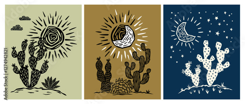 Set of posters with desert landscapes. Drawings and doodles of cacti and succulents with sun, moon and stars. Minimalistic style. Vector illustration