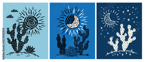 Set of posters with desert landscapes. Drawings and doodles of cacti and succulents with sun, moon and stars. Vintage style. Vector illustration