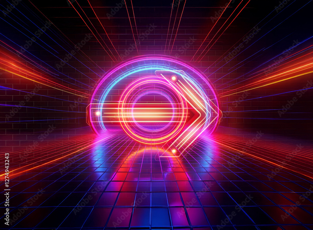 Vibrant neon geometric shape with a double exposure effect, bright colors, and perspective grid creates a futuristic abstract scene. Vibrant neon geometric shape with a double exposure effect, bright colors, and perspective grid creates a futuristic abstract scene.