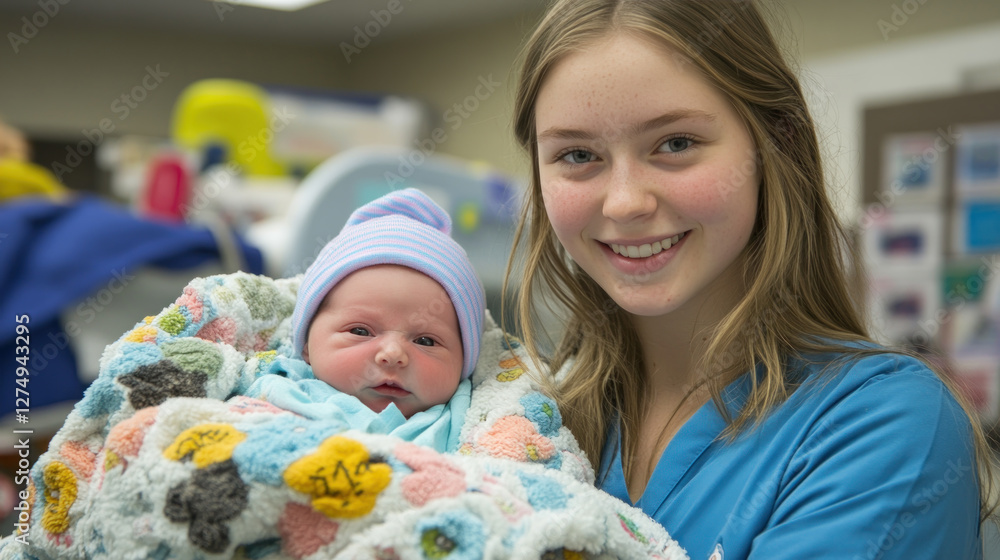 Brunette nurse doctor woman carrying a newborn baby at pediatric home care healthcare Brunette nurse doctor woman carrying a newborn baby at pediatric home care healthcare