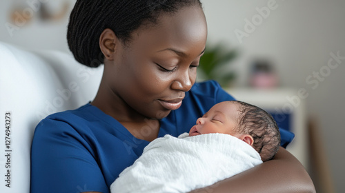 Black nurse doctor woman carrying a newborn baby at pediatric home care healthcare
