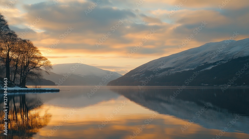 Fototapeta premium Serene Sunset Over Snowy Mountains and Calm Lake
