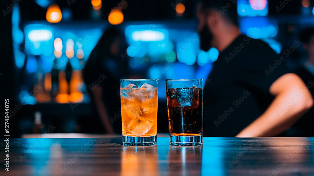 Two elegant cocktails sit on a polished bar counter with a vibrant nightlife scene in the background. Concept of social gathering, bar culture, and evening entertainment. Two elegant cocktails sit on a polished bar counter with a vibrant nightlife scene in the background. Concept of social gathering, bar culture, and evening entertainment.
