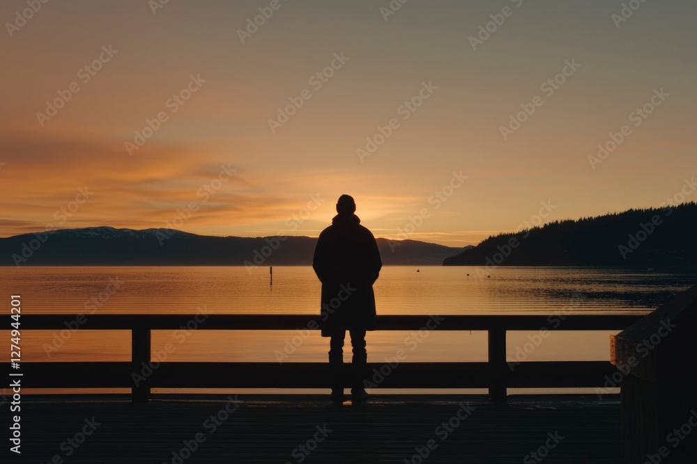 Fototapeta premium Man on dock watches lake at sunrise with mountain backdrop. Travel, reflection