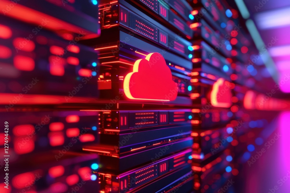 Obraz premium Server room with red cloud sign for cloud computing, data storage, and network