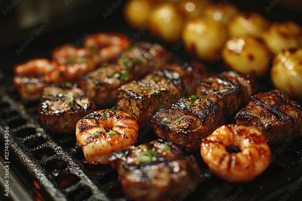 Grilled seafood and steak on a barbecue, showcasing vibrant colors and textures, with vegetables