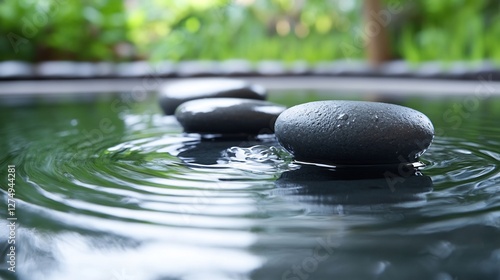zen garden with smooth stones and gentle water flow