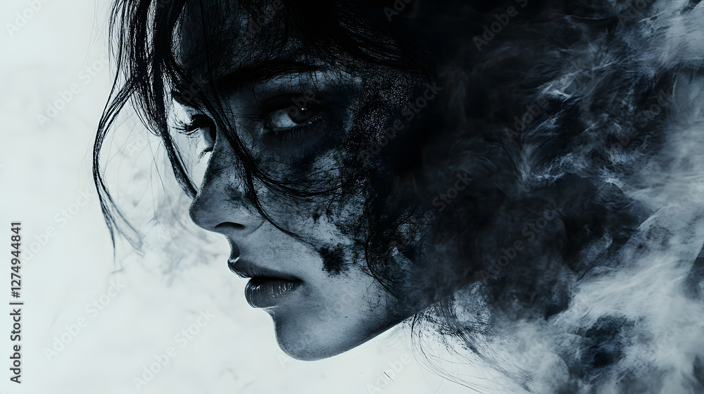 Fototapeta premium A hauntingly beautiful portrait of a woman with dark smudges and mist surrounding her face