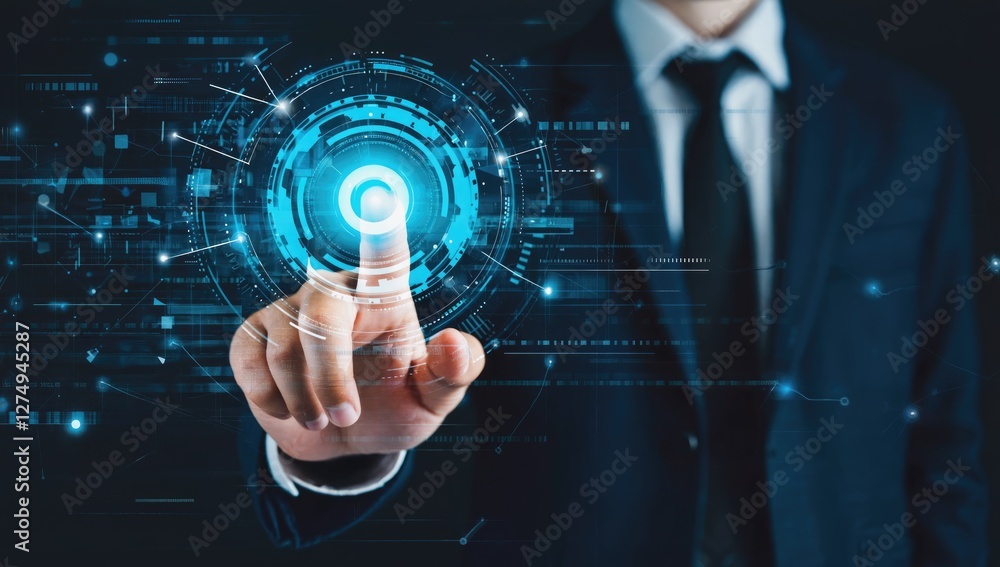 Digital Touch: A business professional in a smart suit makes a digital connection, the fingertip activating the glowing blue interface. Digital Touch: A business professional in a smart suit makes a digital connection, the fingertip activating the glowing blue interface.