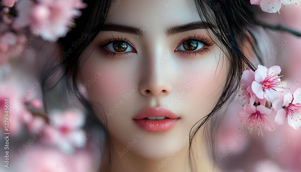 Woman portrait with cherry blossoms, serene, soft light, beautiful. Use for aesthetic wallpaper or social media post Woman portrait with cherry blossoms, serene, soft light, beautiful. Use for aesthetic wallpaper or social media post