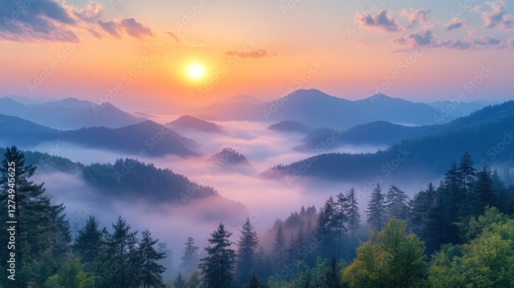 Sunrise mountain fog landscape, scenic vista, travel Sunrise mountain fog landscape, scenic vista, travel