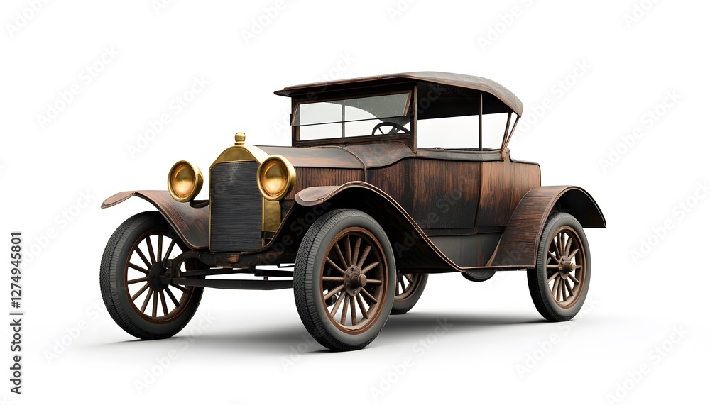 An antique automobile with a distinct weathered appearance An antique automobile with a distinct weathered appearance