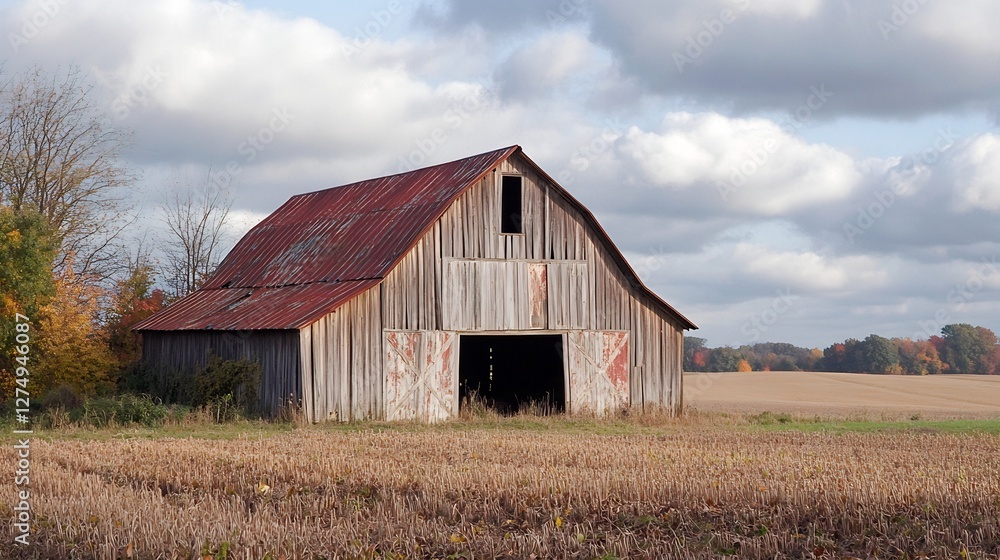 rustic barn with weathered wood and open farm fields rustic barn with weathered wood and open farm fields