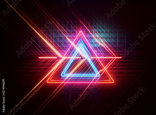 Wallpaper Mural Vibrant neon triangle with double exposure effect, featuring glowing lines and streaks against a dark backdrop. Torontodigital.ca