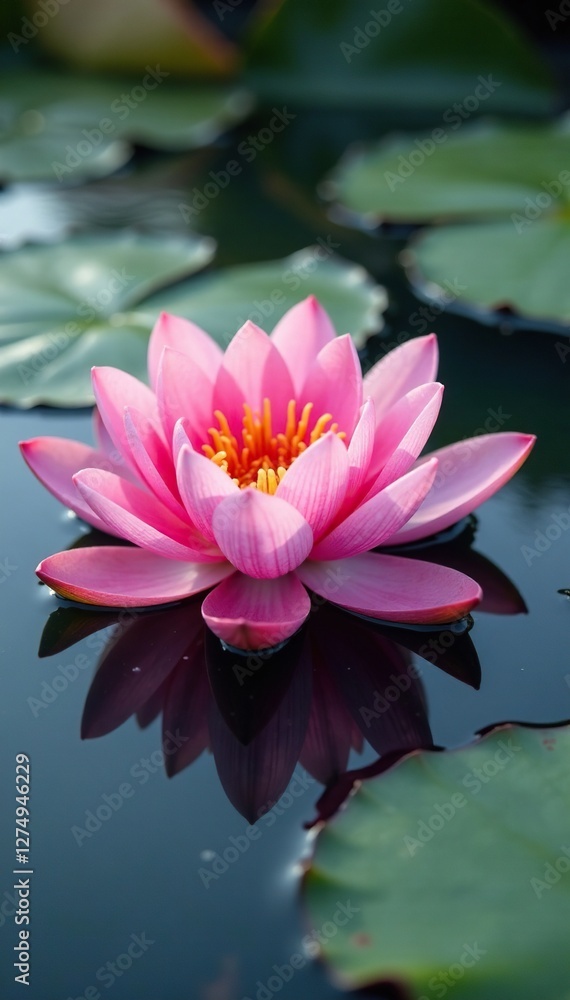 Soft pink water lily petal on serene gray water, water lily, lotus Soft pink water lily petal on serene gray water, water lily, lotus