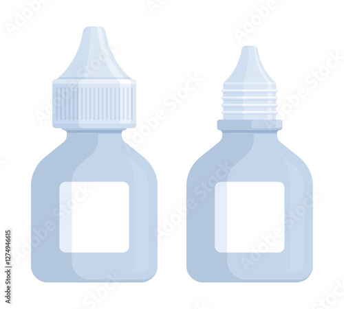 Set of closed and open white medicine dropper bottles. Health, eye drops, ear drops, and medical product mockup concept. Flat vector illustration isolated on white background with copy space