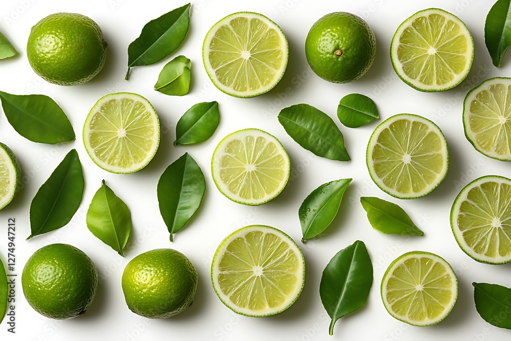 Fototapeta premium Fresh lime slices and leaves on white background (2)