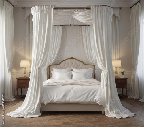 Plush white bed with four-poster frame and silk drapes, peaceful, high-end, upscale