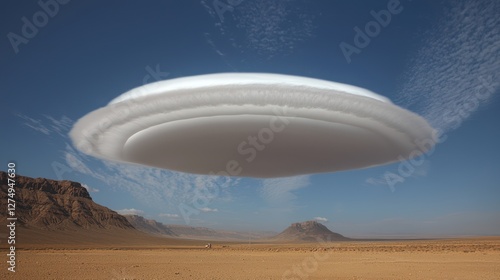 A large, lenticular cloud hovering over a desert landscape with mountains in the background.