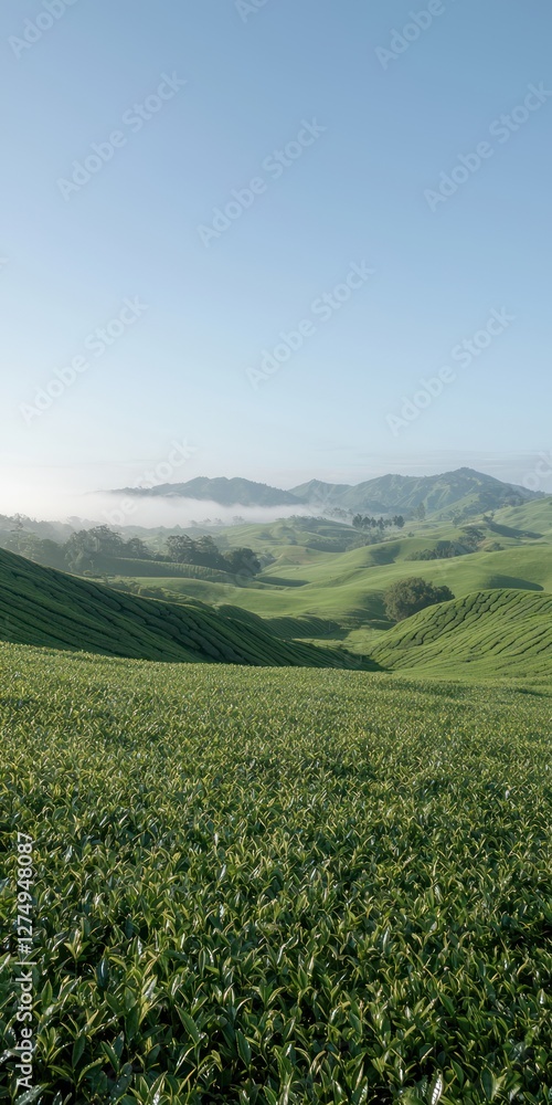 Lush green hills under a clear sky with mist in the valleys create a serene landscape. Lush green hills under a clear sky with mist in the valleys create a serene landscape.