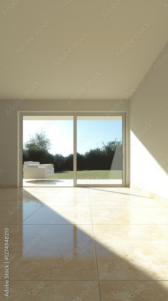 Fototapeta premium A minimalist interior space with large glass doors leading to an outdoor area.