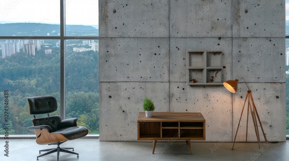 Fototapeta premium Modern Loft Apartment Panoramic View Concrete Wall Chic Interior Design