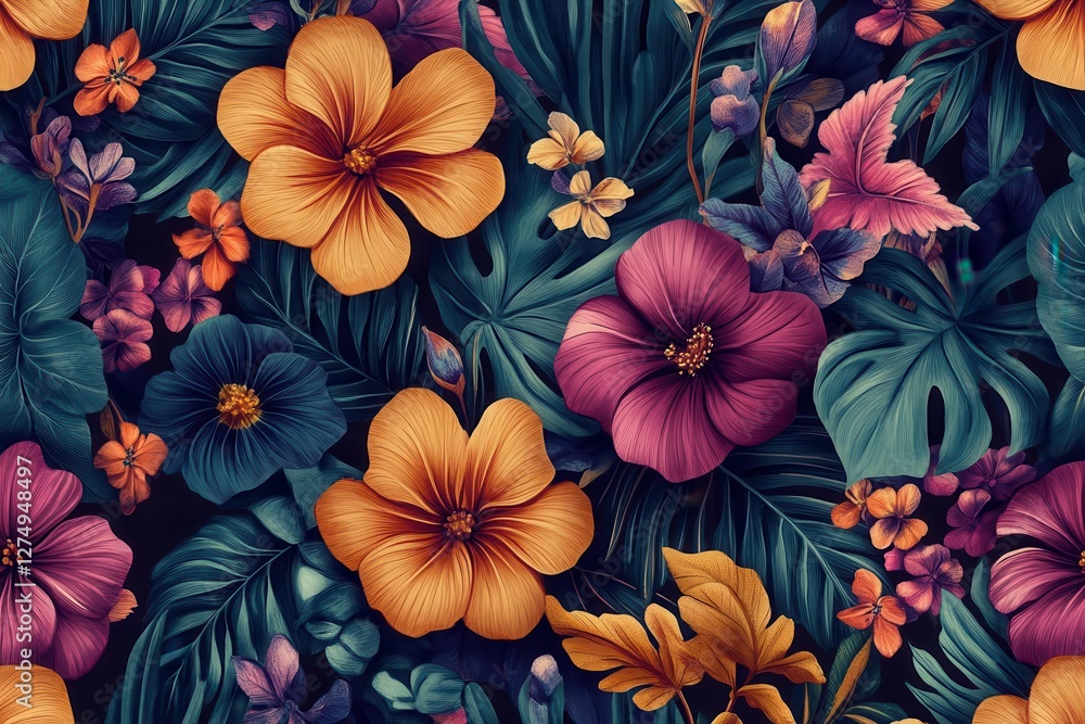 tropical paradise pattern with exotic flowers and leaves, rich jewel tones, intricate botanical details in art nouveau style tropical paradise pattern with exotic flowers and leaves, rich jewel tones, intricate botanical details in art nouveau style
