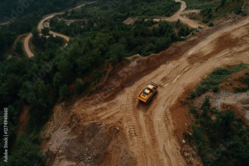 Wallpaper Mural Aerial view of construction truck on dirt road amid deforestation for development Torontodigital.ca