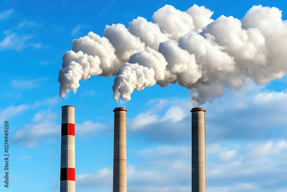 Industrial Smoke Emission from Power Plant Stacks Under Clear Blue Sky with White Clouds