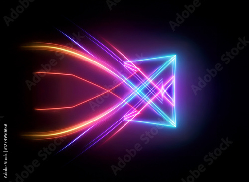 Wallpaper Mural Neon triangle arrow with vibrant pink, blue, and orange lines streaks across a dark backdrop, creating a futuristic and dynamic motion effect. Torontodigital.ca
