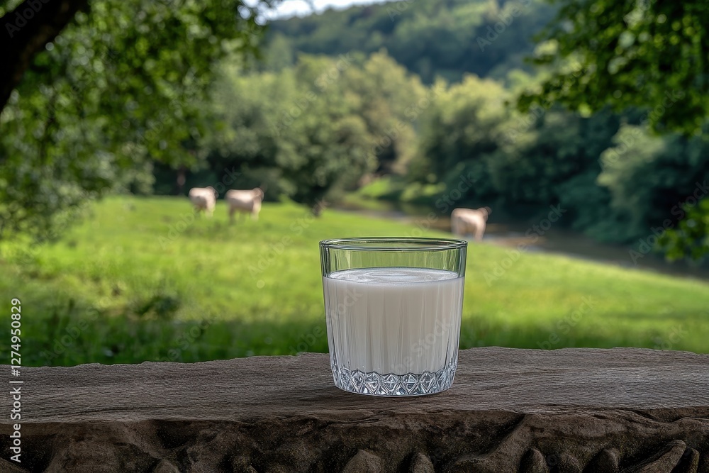 Fresh Milk in Glass with Scenic Green Pasture and Cows in Background on Sunny Day Fresh Milk in Glass with Scenic Green Pasture and Cows in Background on Sunny Day