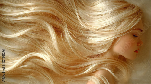 Woman with flowing blonde hair, serene expression, close-up, studio shot.  Possible use for showcasing hair products or beauty photo