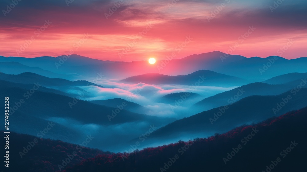 Fototapeta premium Sunrise over misty mountain range, vibrant sky, scenic wallpaper