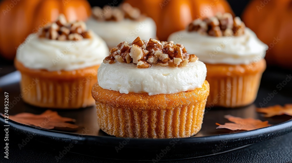 Delicious pumpkin cupcakes topped with cream and nuts, perfect for autumn celebrations. Delicious pumpkin cupcakes topped with cream and nuts, perfect for autumn celebrations.